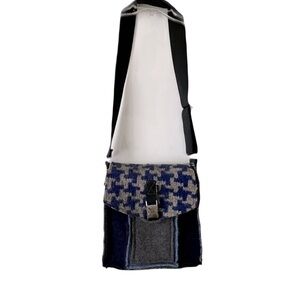 Baabaazuzu Messenger Bag, Approx. 11” x 11”, Wool, Navy Blue/Gray w/ Black strap
